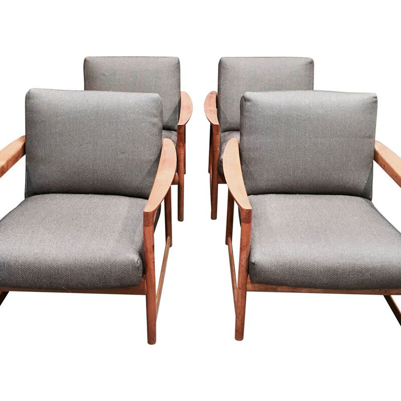 Set of 4 grey Scandinavian teak armchairs