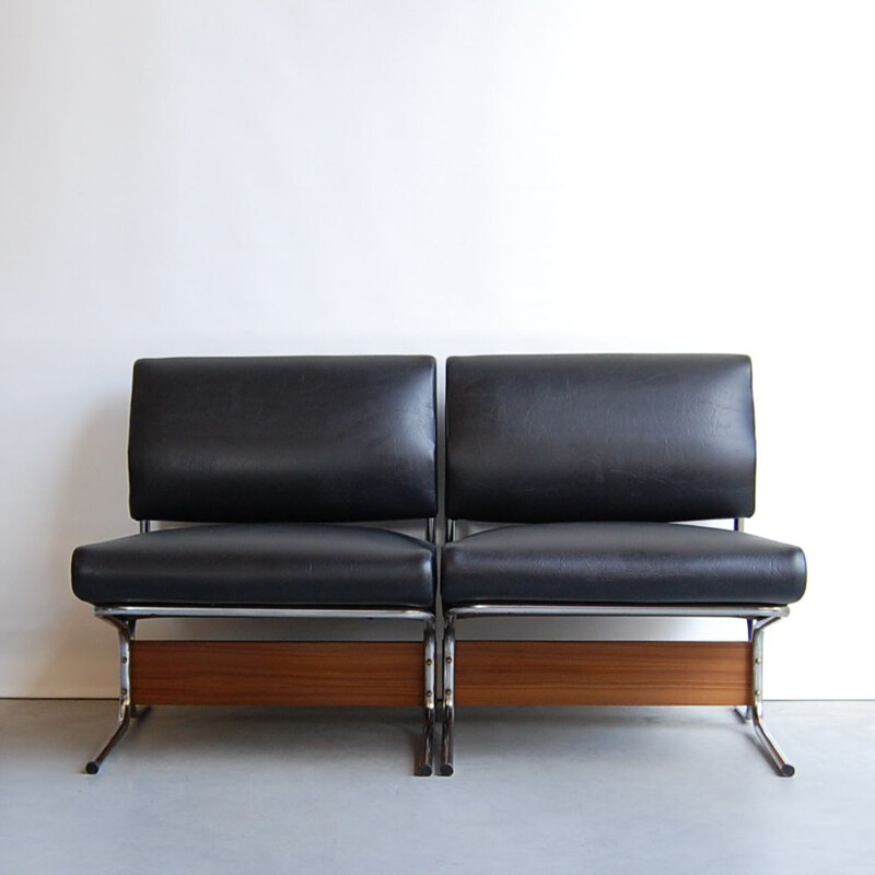 Vintage pair of black leatherette teak and low chairs 