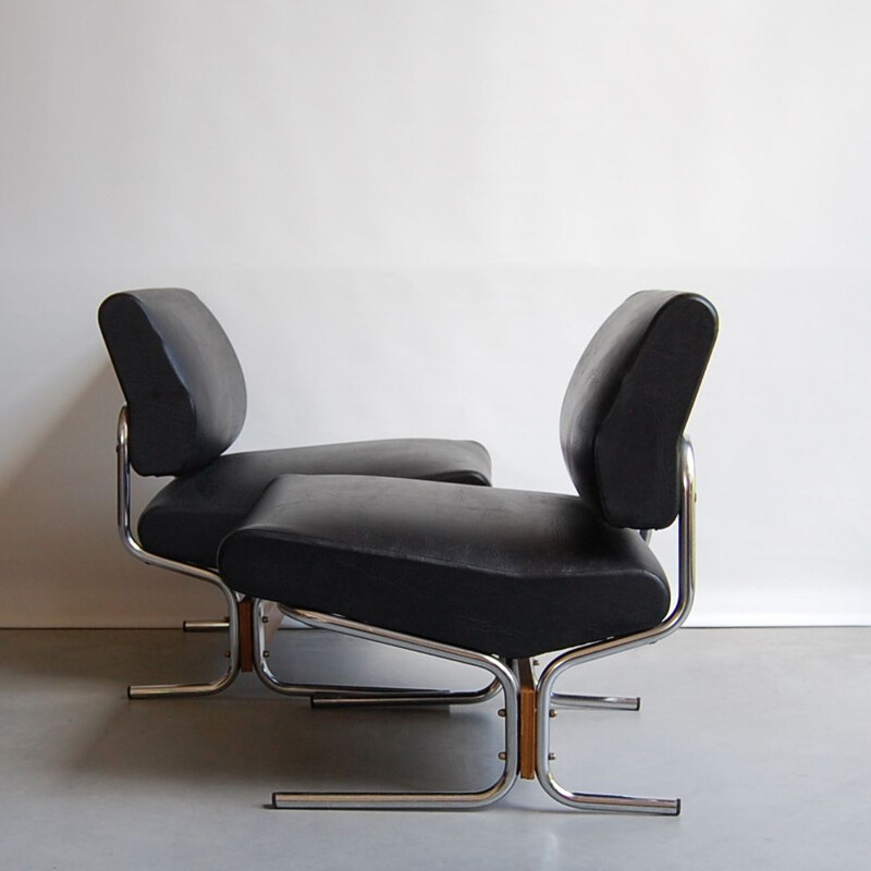 Vintage pair of black leatherette teak and low chairs 