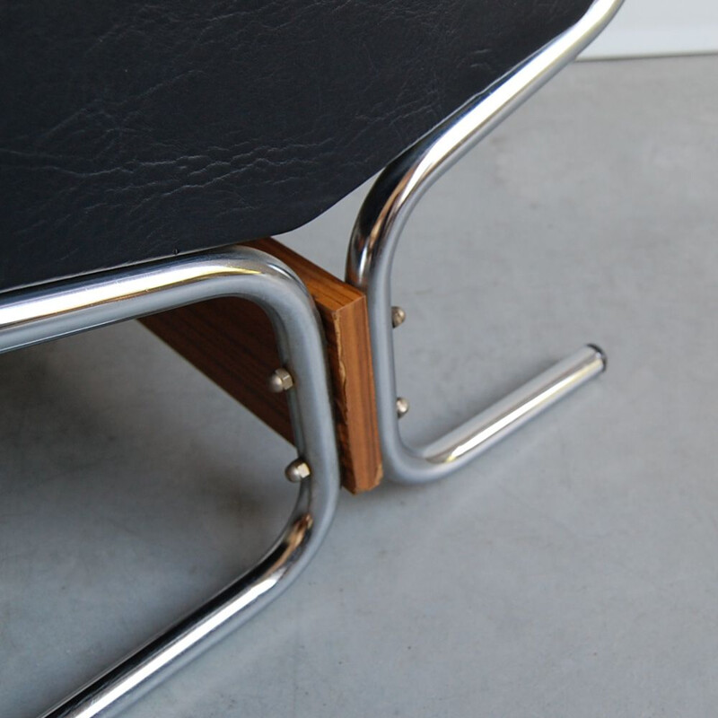 Vintage pair of black leatherette teak and low chairs 