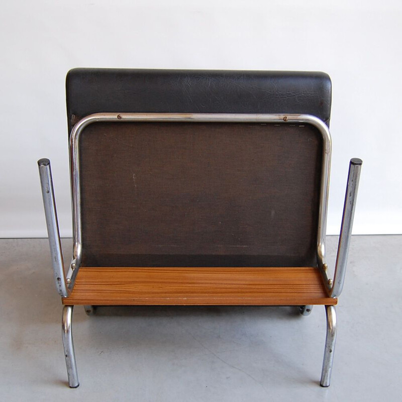 Vintage pair of black leatherette teak and low chairs 