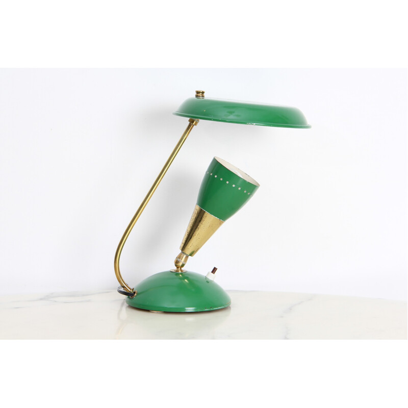 Lampe de table vintage verte en laiton et métal - 1950