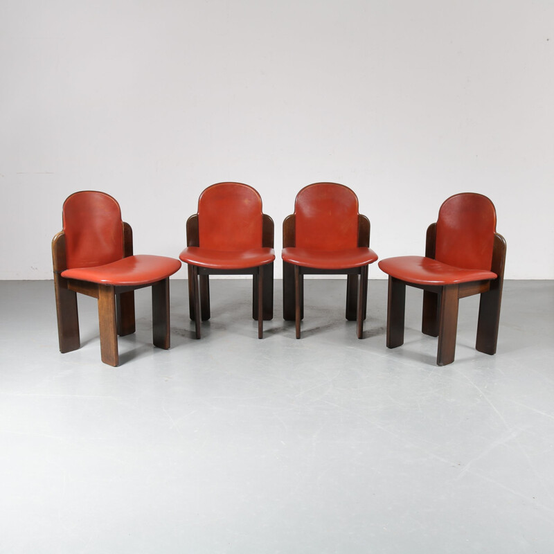 Vintage Set of 4 dining chairs in wood and red leather, Italy 1970s