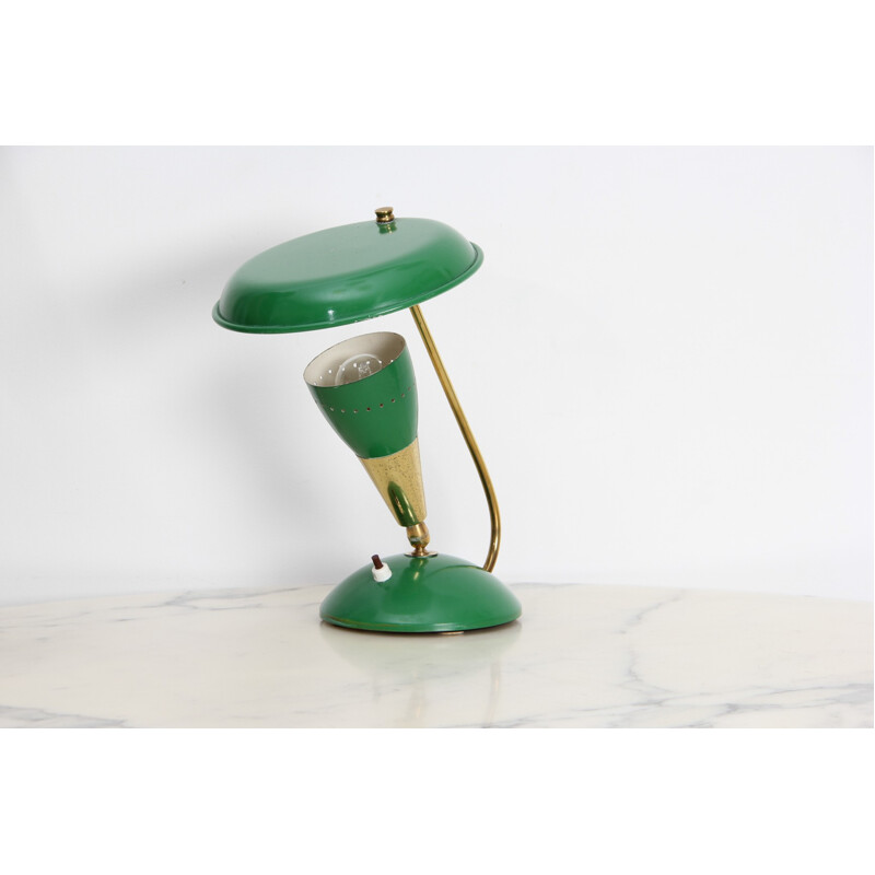 Lampe de table vintage verte en laiton et métal - 1950