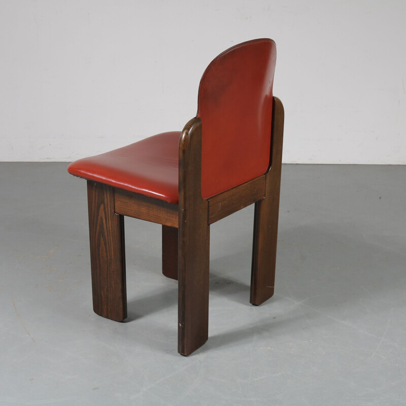 Vintage Set of 4 dining chairs in wood and red leather, Italy 1970s