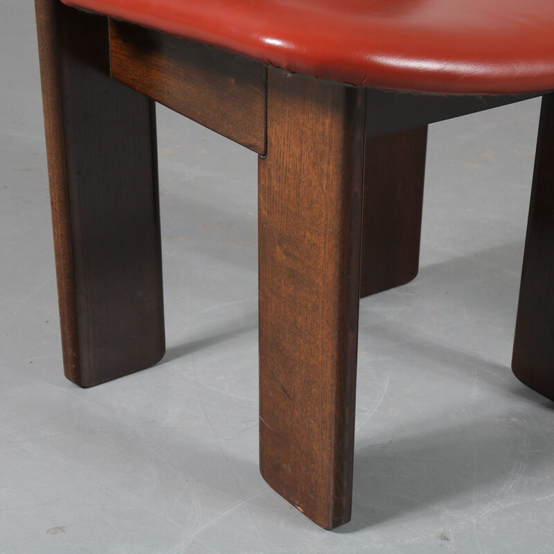 Vintage Set of 4 dining chairs in wood and red leather, Italy 1970s