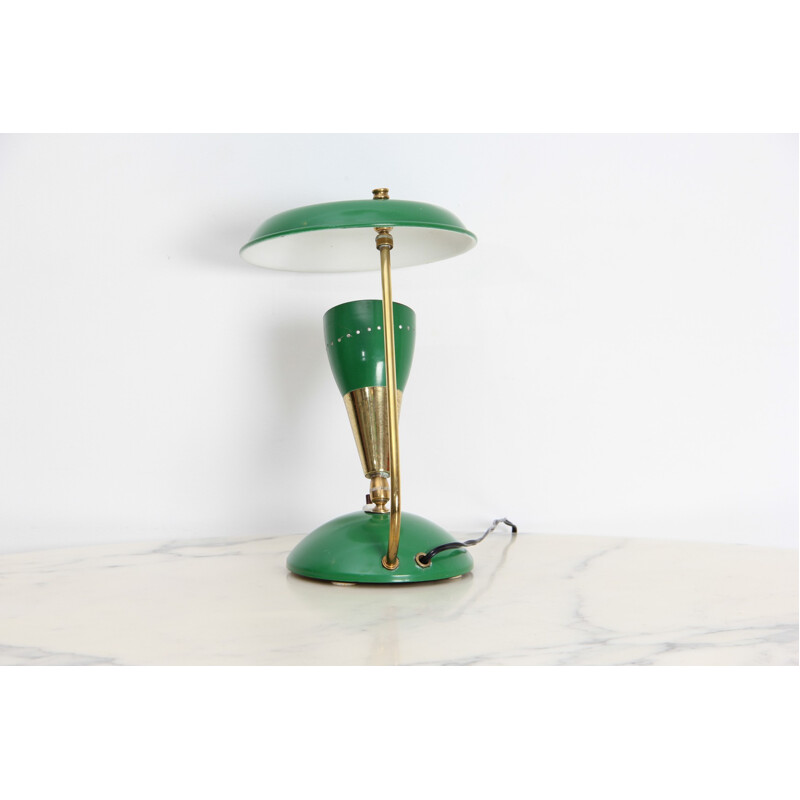 Lampe de table vintage verte en laiton et métal - 1950