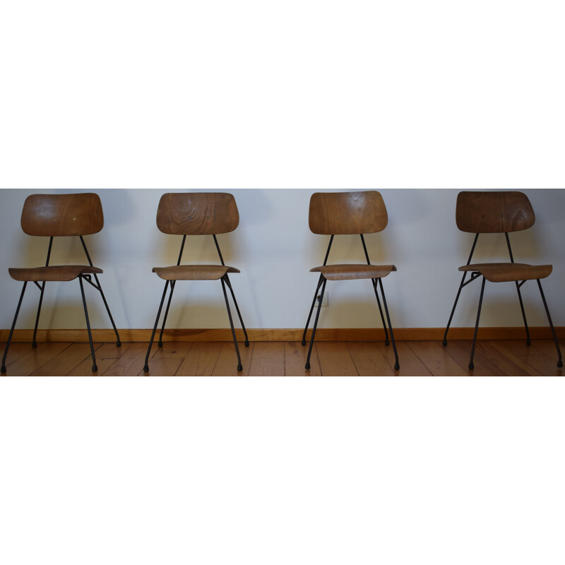 Vintage set of 4 chairs in wood and metal