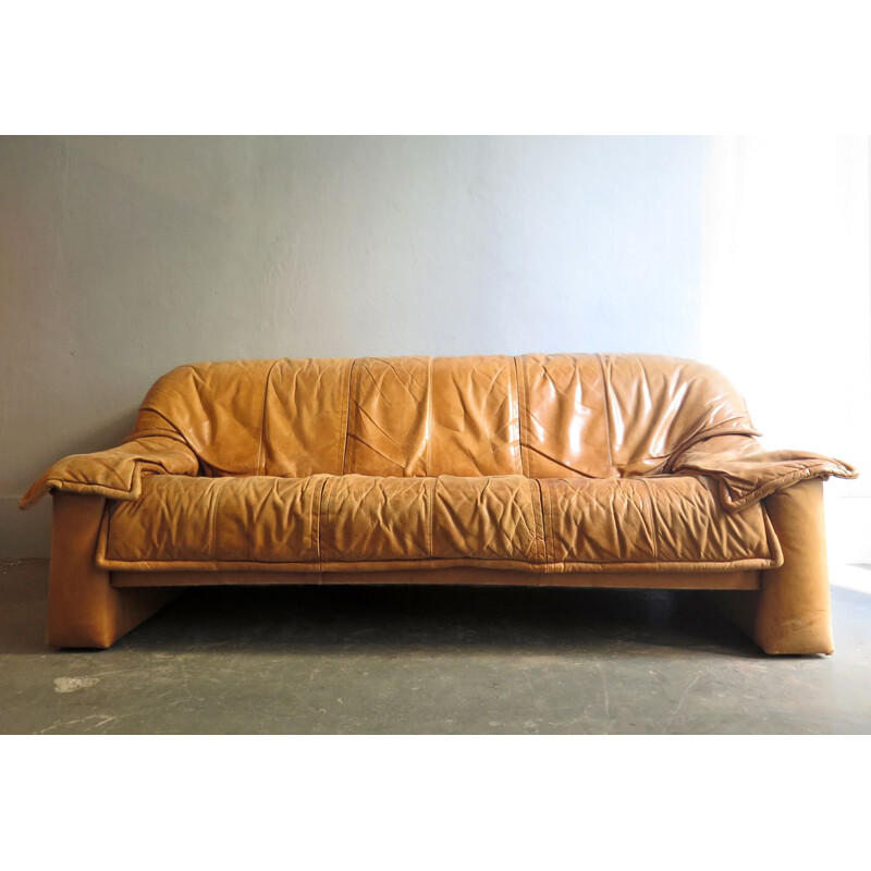 3-seater vintage beige leather sofa, 1970