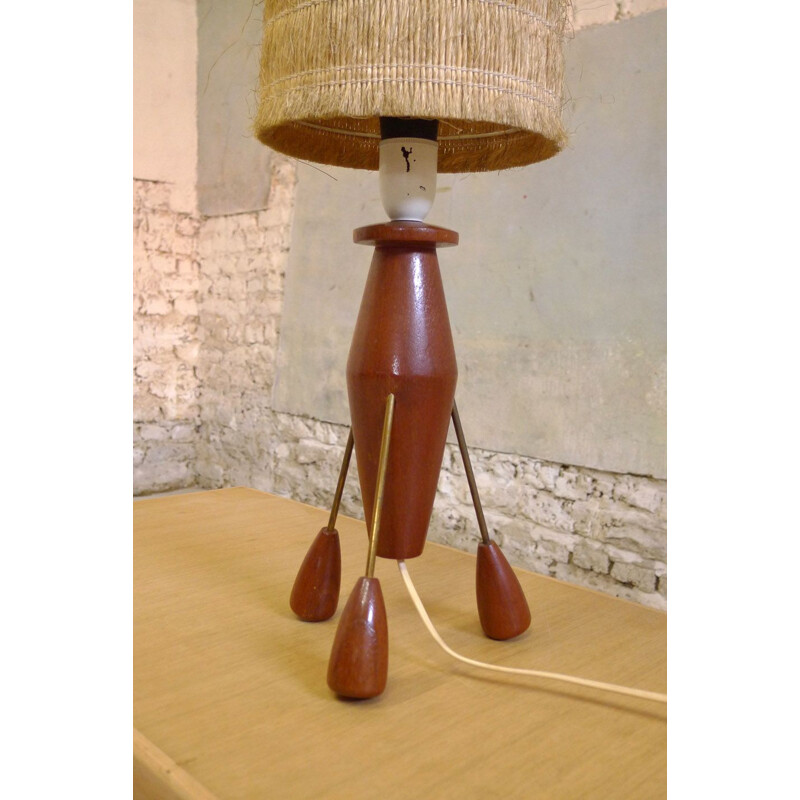 Lampada da tavolo vintage in teak e ottone, 1960