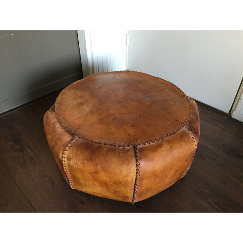 Vintage Brown leather Pouf, 1950