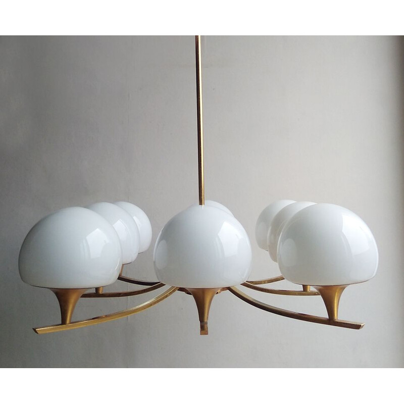 Vintage chandelier in opaline and gold metal 1960s 1970s