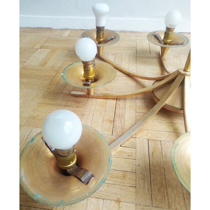 Vintage chandelier in opaline and gold metal 1960s 1970s