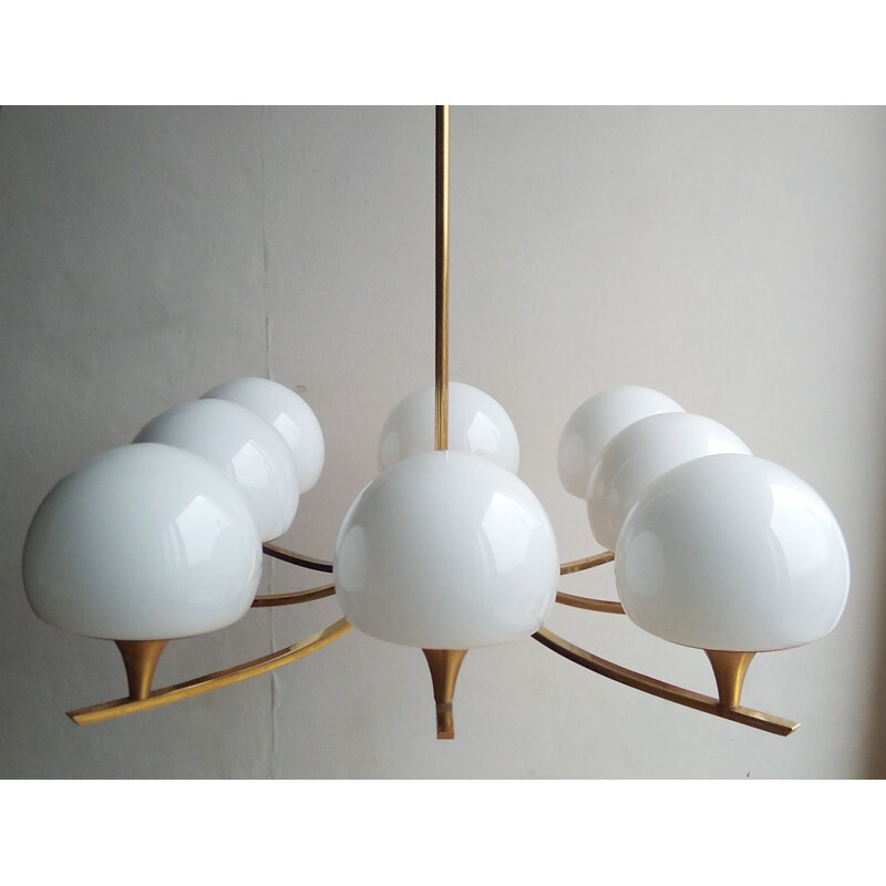 Vintage chandelier in opaline and gold metal 1960s 1970s