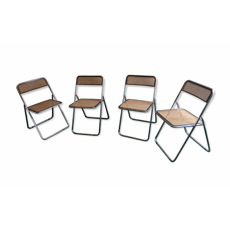 Set of 4 foldable vintage chairs cannage and chrome, 1970s