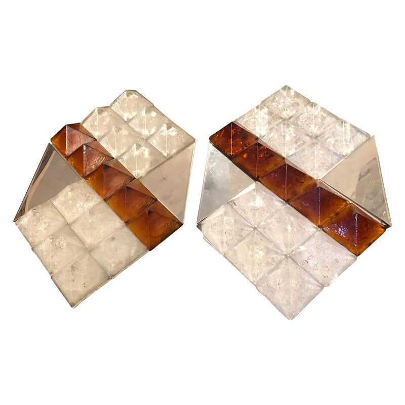 Set of 2 vintage white and brown Murano glass wall lamps, 1970s