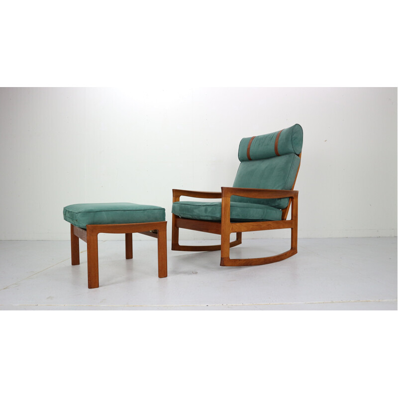 Rocking chair & footstool in blue velvet by Ole Wanscher