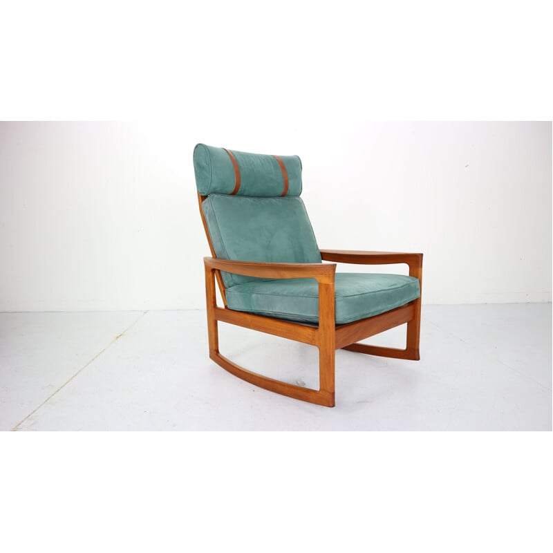Rocking chair & footstool in blue velvet by Ole Wanscher