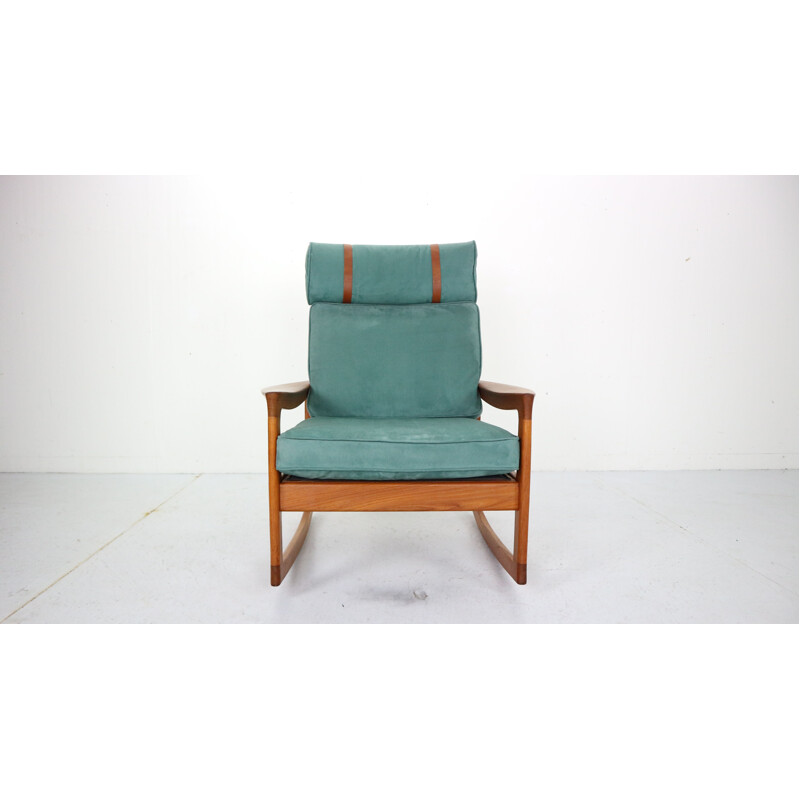 Rocking chair & footstool in blue velvet by Ole Wanscher