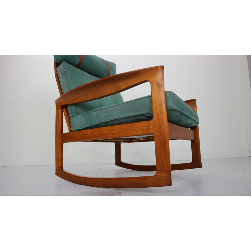 Rocking chair & footstool in blue velvet by Ole Wanscher