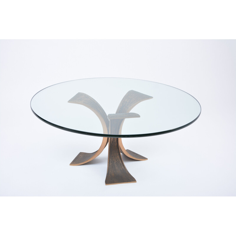 Table basse brutaliste vintage en bronze et verre