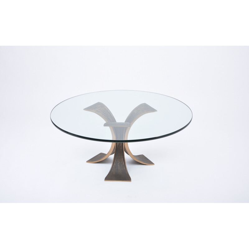 Table basse brutaliste vintage en bronze et verre