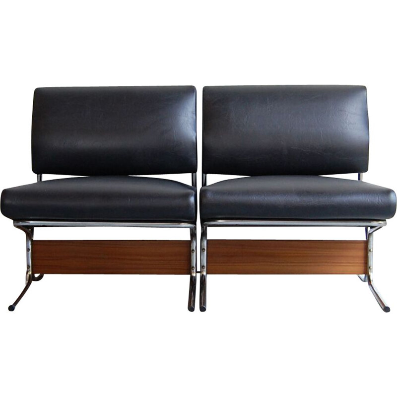 Vintage pair of black leatherette teak and low chairs 