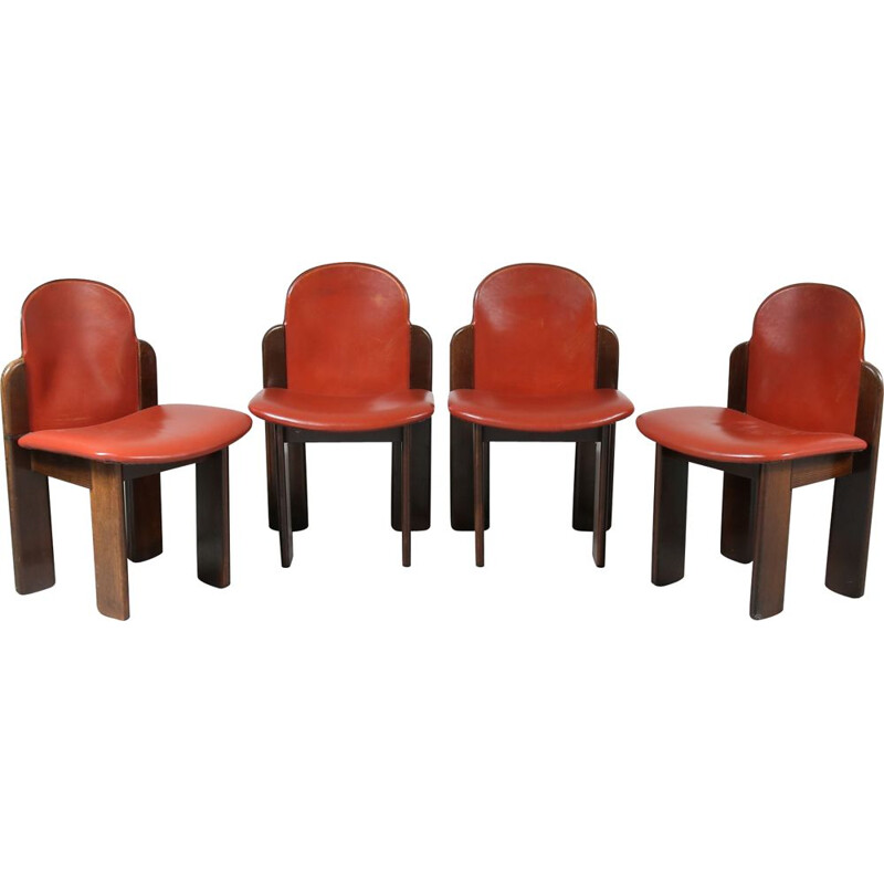 Vintage Set of 4 dining chairs in wood and red leather, Italy 1970s