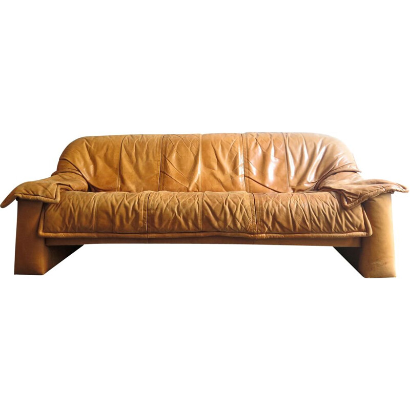 3-seater vintage beige leather sofa, 1970