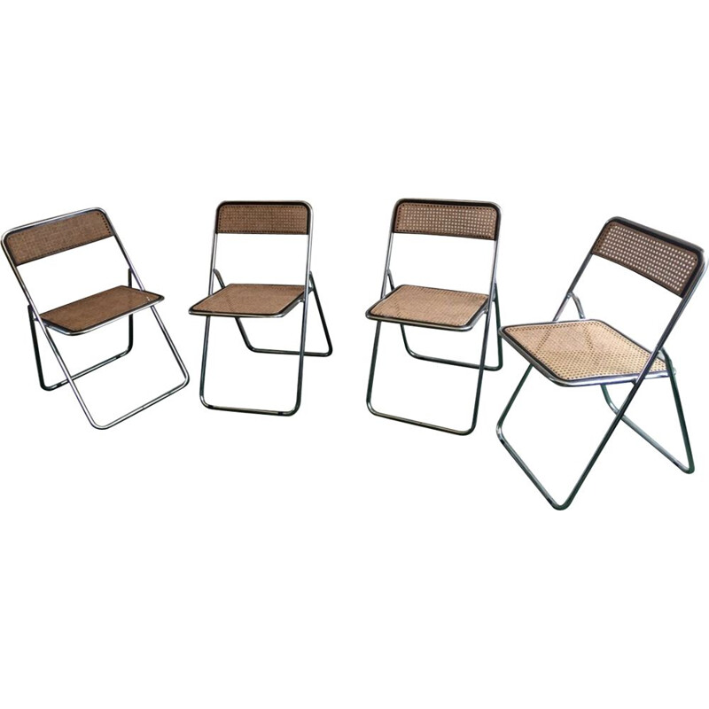 Set of 4 foldable vintage chairs cannage and chrome, 1970s