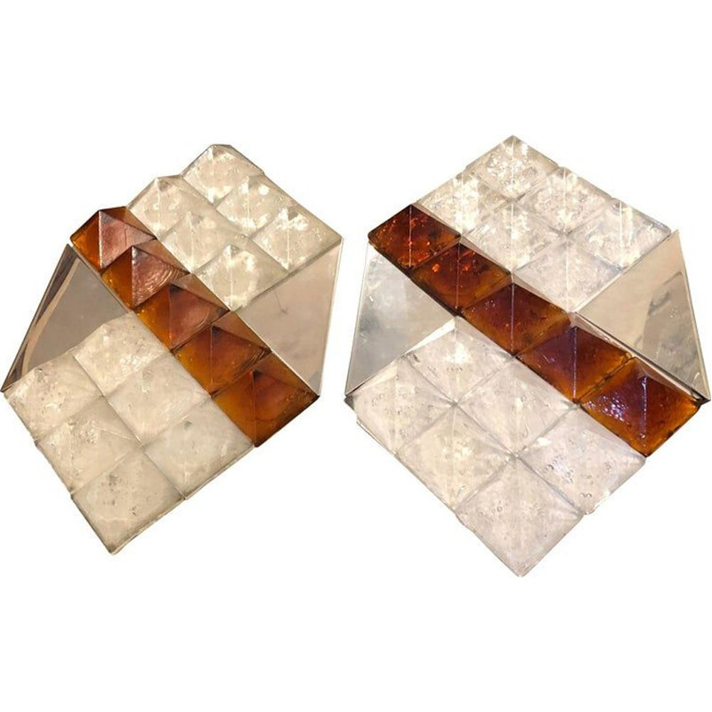 Set of 2 vintage white and brown Murano glass wall lamps, 1970s