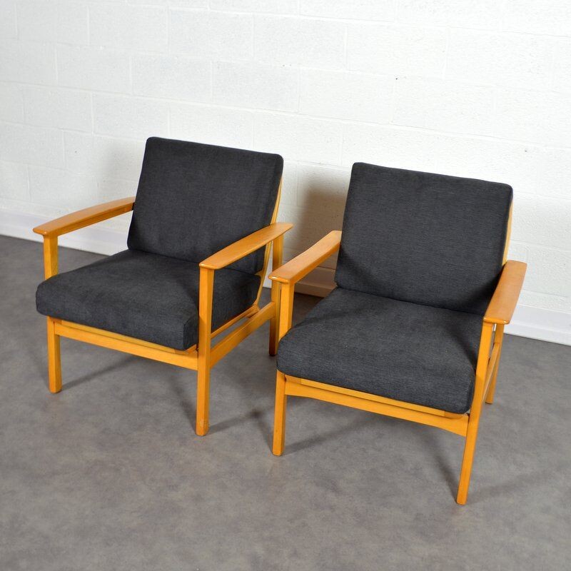 Vintage Pair of grey Scandinavian armchairs 1960 