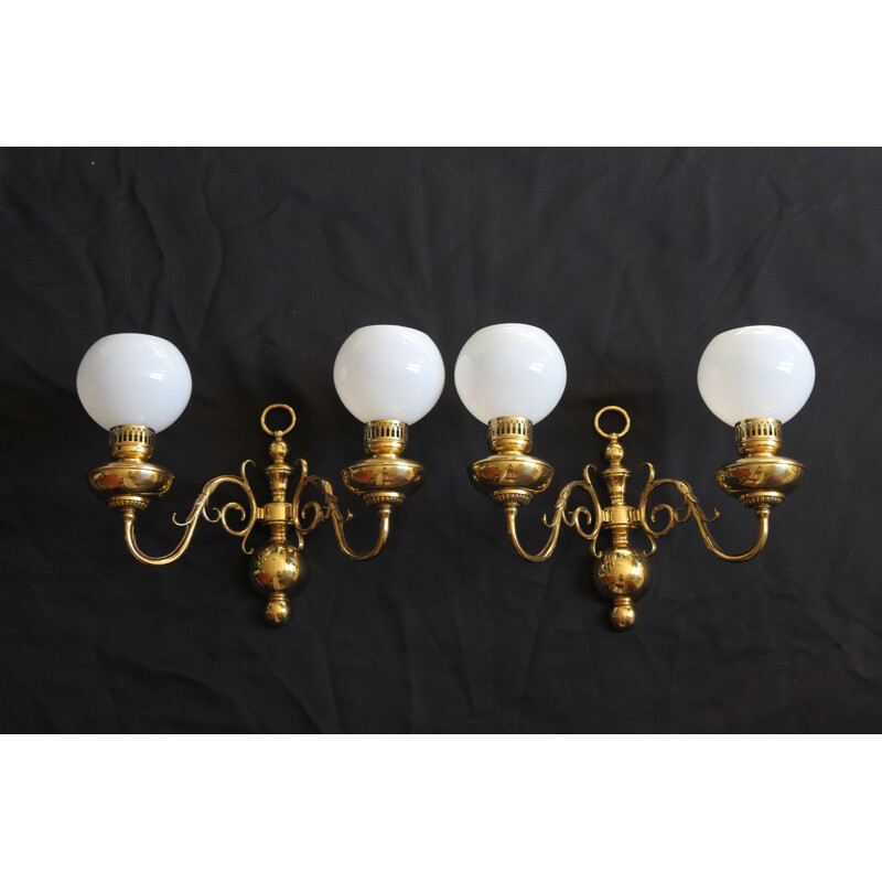 Vintage pair of wall lamps in brass and opalin glass appliques by Lucien Gau, France 1950s