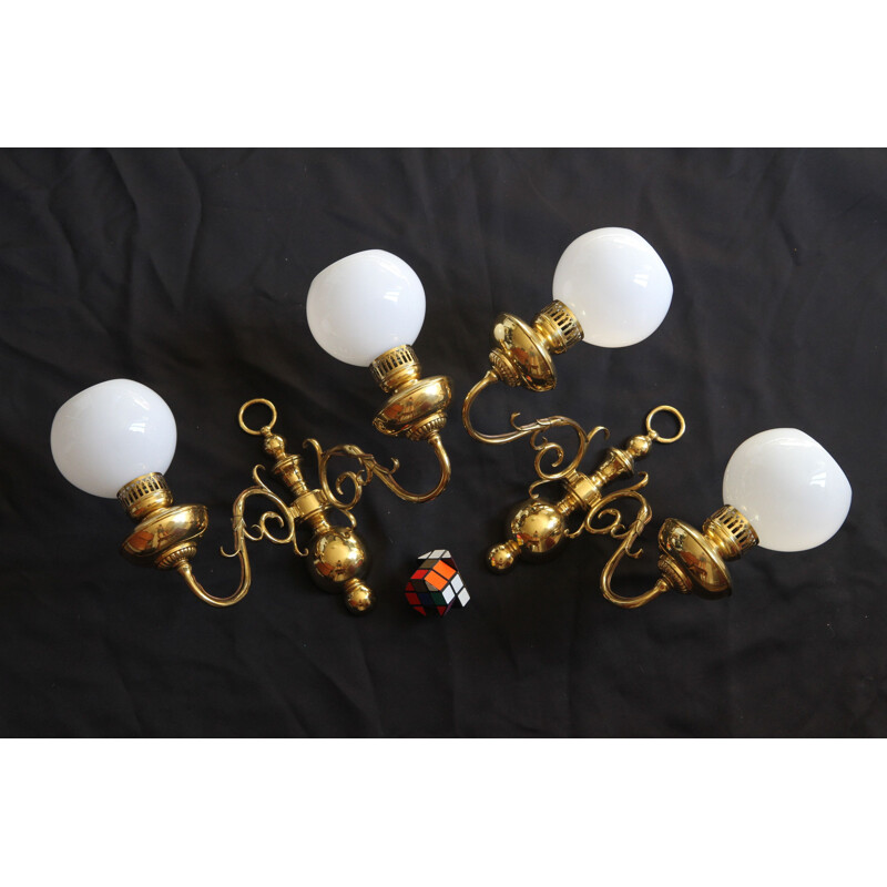 Vintage pair of wall lamps in brass and opalin glass appliques by Lucien Gau, France 1950s