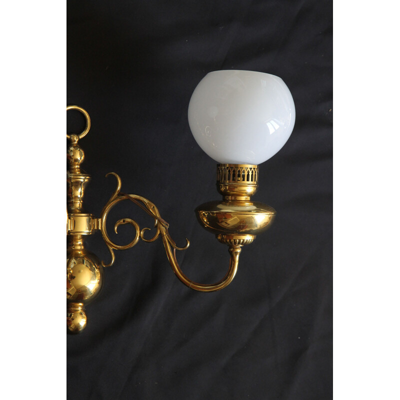Vintage pair of wall lamps in brass and opalin glass appliques by Lucien Gau, France 1950s