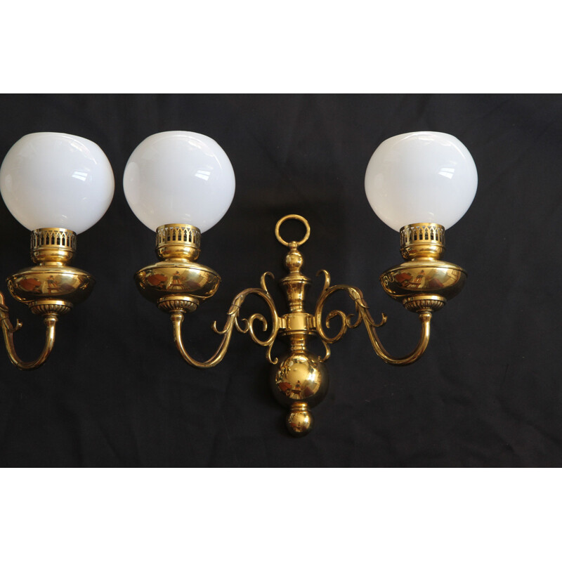 Vintage pair of wall lamps in brass and opalin glass appliques by Lucien Gau, France 1950s