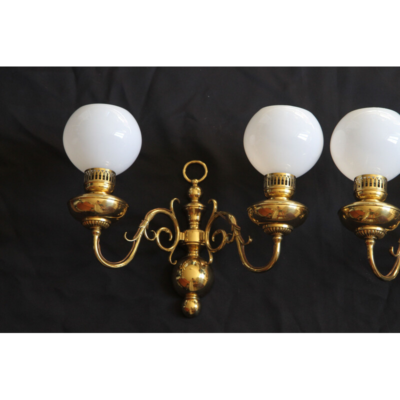 Vintage pair of wall lamps in brass and opalin glass appliques by Lucien Gau, France 1950s