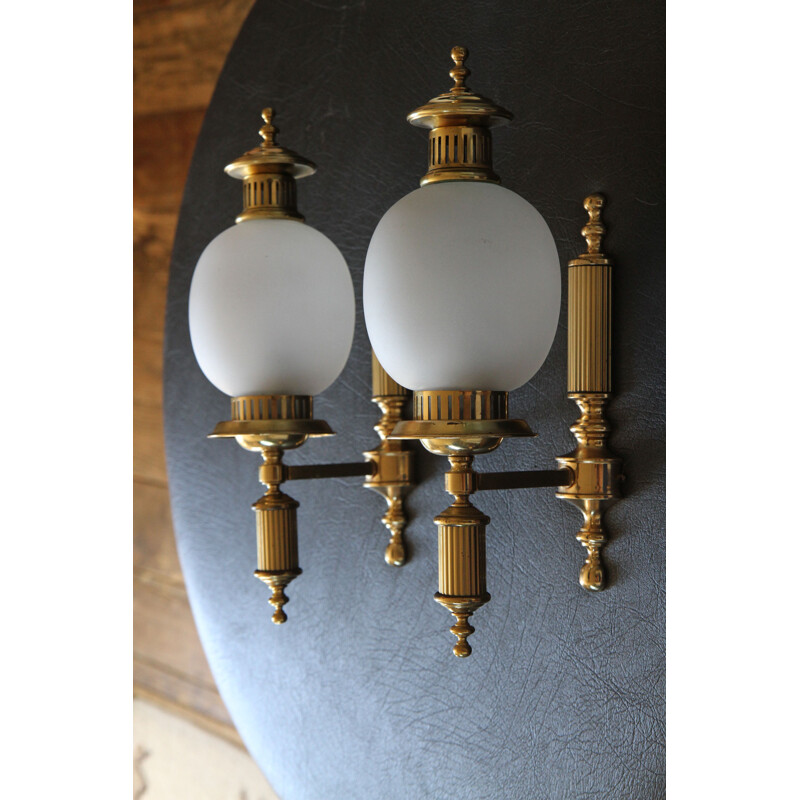 Pair of vintage wall lamps brass and frosted glass, France 1950x 