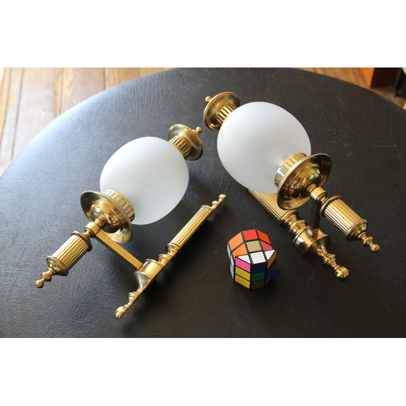 Pair of vintage wall lamps brass and frosted glass, France 1950x 