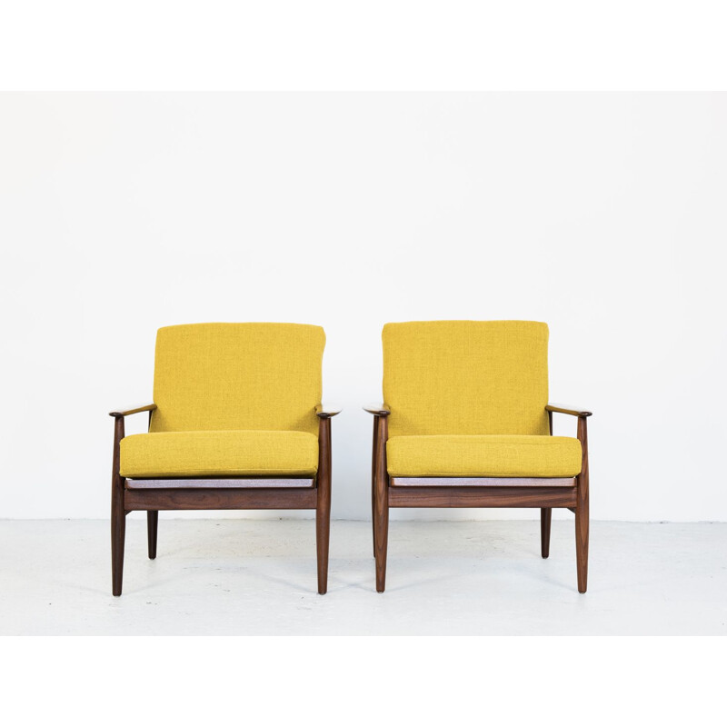 Vintage Danish pair of armchairs in teak and yellow fabric, 1960s