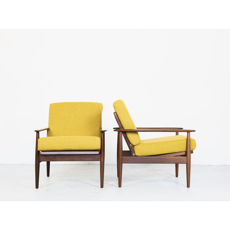 Vintage Danish pair of armchairs in teak and yellow fabric, 1960s