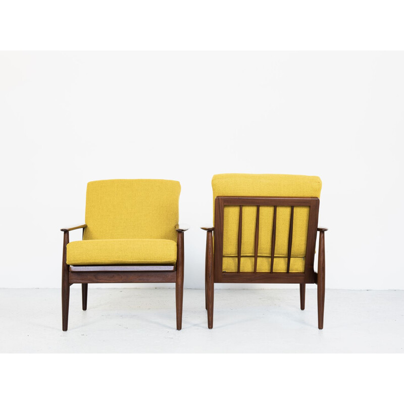 Vintage Danish pair of armchairs in teak and yellow fabric, 1960s