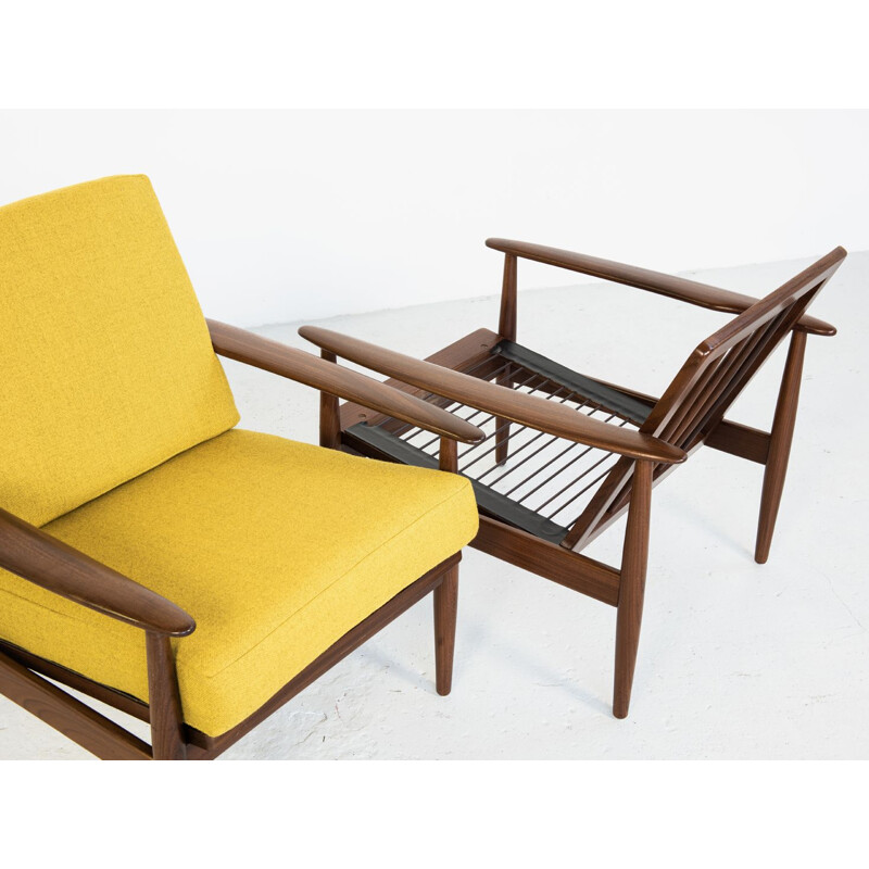 Vintage Danish pair of armchairs in teak and yellow fabric, 1960s