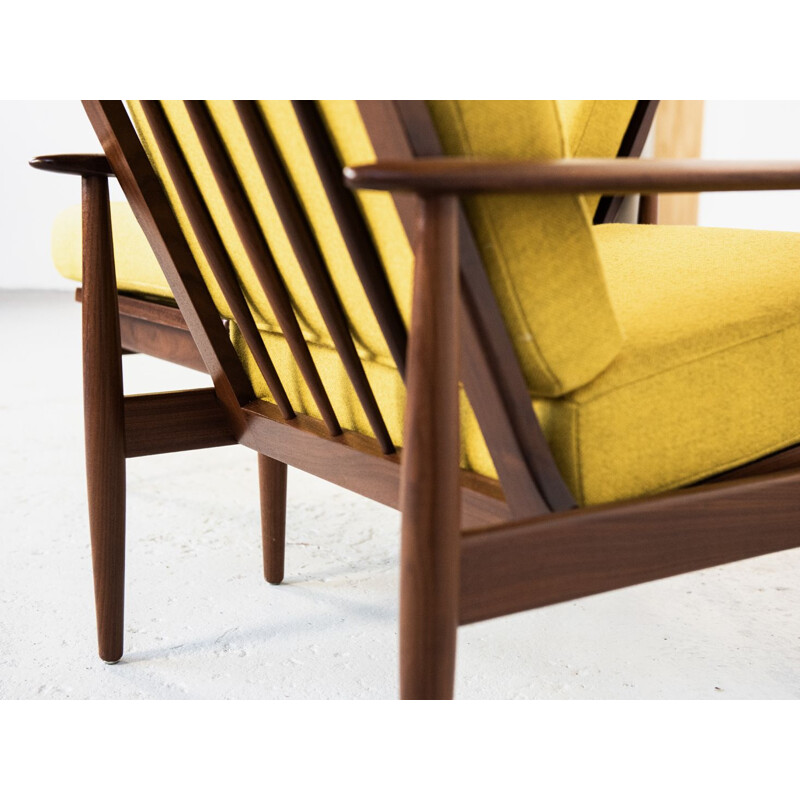 Vintage Danish pair of armchairs in teak and yellow fabric, 1960s