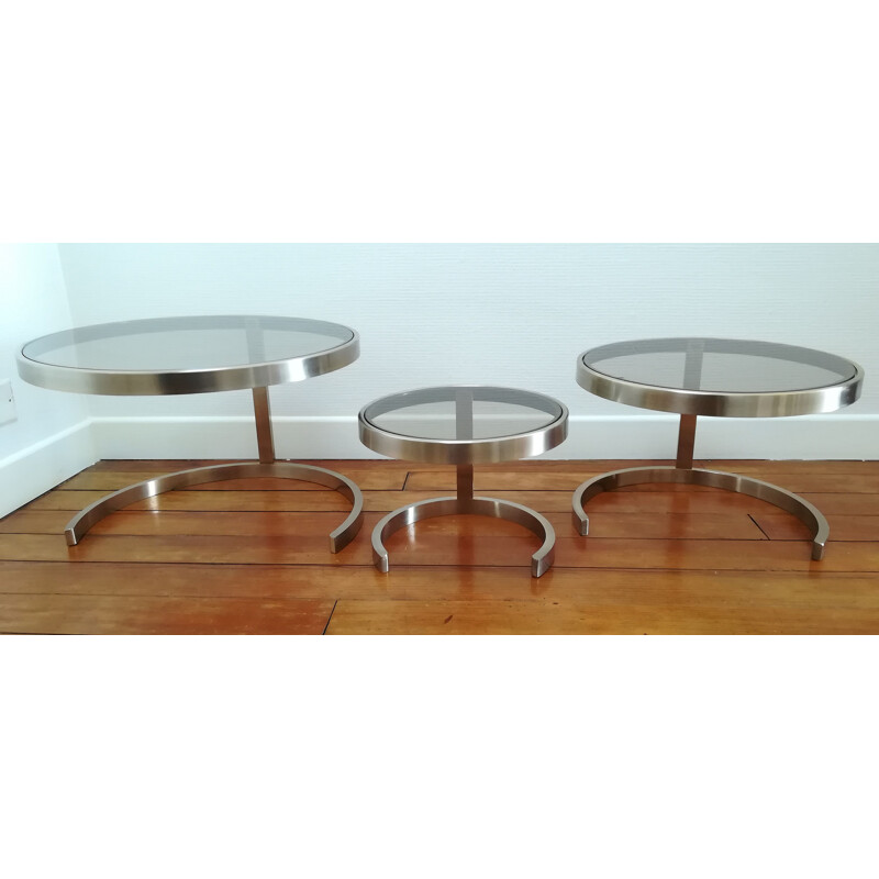 Trois tables gigognes vintage en acier brossé et en verre, 1970 