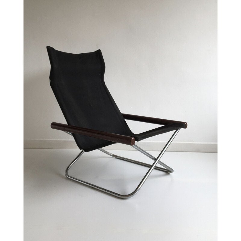 Folding black canvas vintage armchair by Takeshi Nii, Japan, 1958