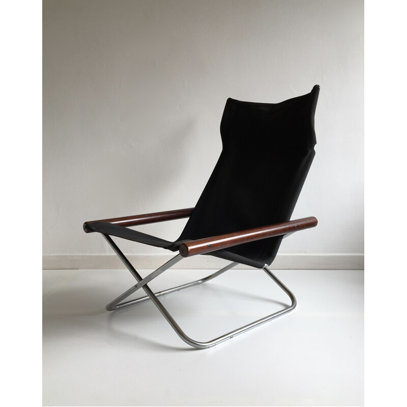 Folding black canvas vintage armchair by Takeshi Nii, Japan, 1958