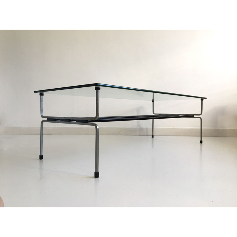 Glass and steel vintage coffee table by William Plunkett, England, 1960