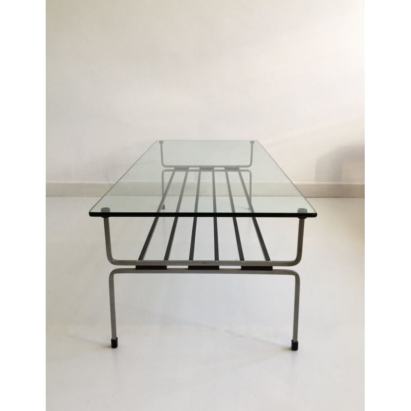 Table basse vintage en verre et acier par William Plunkett, Angleterre, 1960