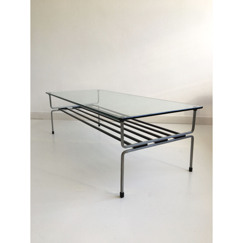 Glass and steel vintage coffee table by William Plunkett, England, 1960